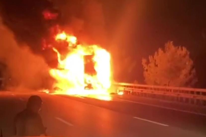 Seyir halindeki TIR alev alev yandı