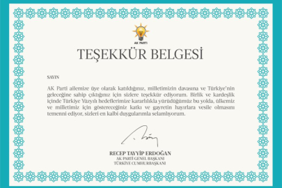 AK Parti’den 11,5 milyon üyesine Cumhurbaşkanı Erdoğan imzalı teşekkür belgesi